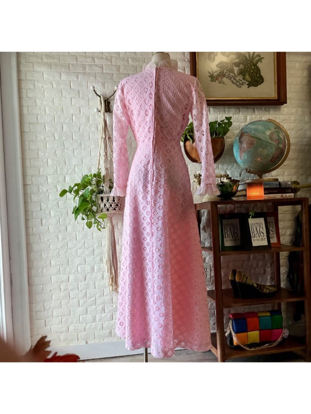 Vintage 1960s Bernie Bee Union Made Pink Lace Prairie Dress - Picture 7 of 13